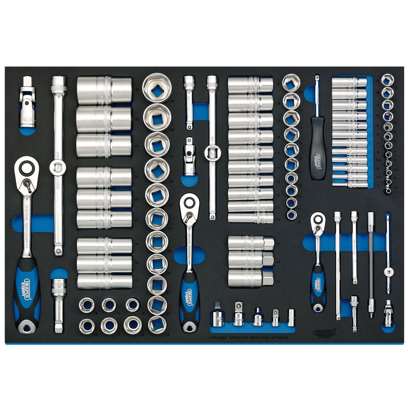 Draper Soft Grip Socket Set In Full Plus Drawer Eva Insert Tray, 1/4", 3/8" & 1/2" (96 Piece) - IT-EVA48 - Farming Parts