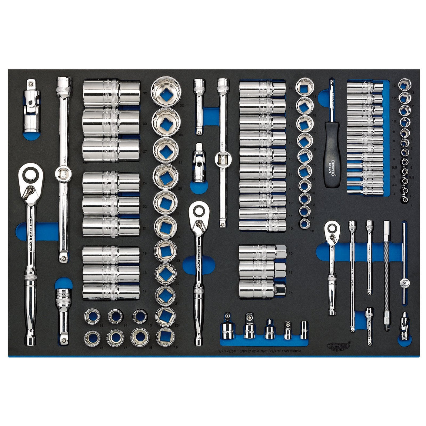 A neatly organized Draper Socket Set In Full Plus Drawer Eva Insert Tray, featuring 1/4", 3/8" & 1/2" chrome vanadium steel sockets, various wrenches, and a reversible ratchet, all arranged in a foam tray. This 96-piece set is branded as IT-EVA48B.