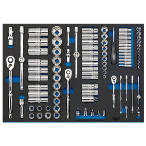 A neatly organized Draper Socket Set In Full Plus Drawer Eva Insert Tray, featuring 1/4", 3/8" & 1/2" chrome vanadium steel sockets, various wrenches, and a reversible ratchet, all arranged in a foam tray. This 96-piece set is branded as IT-EVA48B.