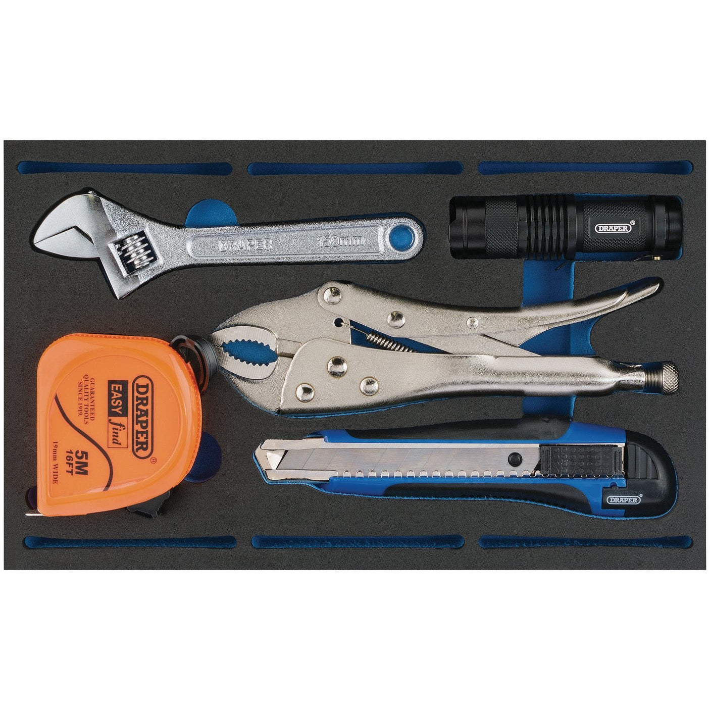 The Draper Tool Kit In 1/4 Drawer EVA Insert Tray (5 Piece) - IT-EVA50 includes an adjustable wrench, tape measure, locking pliers, flashlight, and a utility knife.