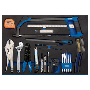 The Draper Tool Kit In Full Plus Drawer Eva Insert Tray (38 Piece) - IT-EVA51 by Draper is a neatly organized toolkit containing a hacksaw, tape measure, pliers, wrenches, screwdriver set, hex keys, and various other hand tools in a foam-lined drawer of the tool chest.