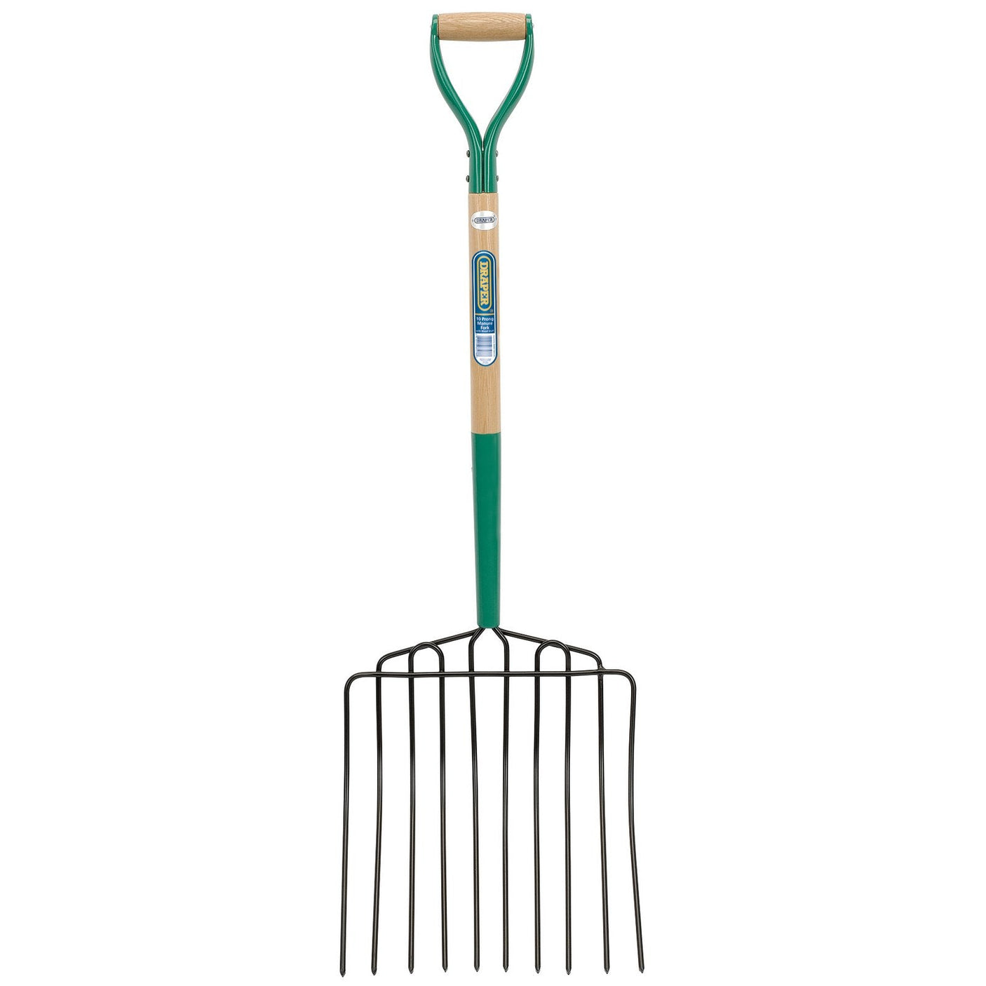 Introducing the Draper 10 Prong Manure Fork with a wooden shaft and Myd handle (model AF10PSF/I), featuring ten metal tines arranged in a wide, flat configuration, with a forged head measuring 380mm in width.