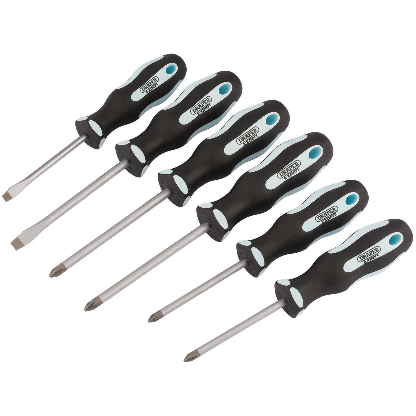 A set of six Draper Expert Soft Grip Screwdrivers (model 995/S6) with black handles and SVCM+ blades, including both flathead and Phillips head types, all neatly arranged in a durable PVC storage case.