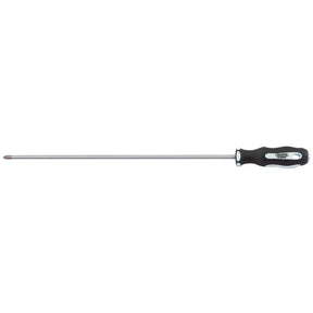 Here is a revised sentence using the given product data:

The Draper Cross Slot Extra Long Reach Soft Grip Screwdriver, No.2 X 450mm - 995CS, features a black and white ergonomic handle that is resistant to oil and solvents, Phillips head, and SVCM+ blades.