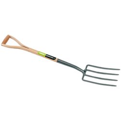 The Draper Carbon Steel Garden Fork With Ash Shaft And Y Handle - A107EH(R) features a long-handled design with a sturdy ash shaft and four carbon steel tines, perfect for digging and moving soil or garden debris.