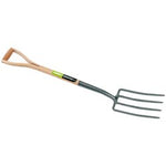 The Draper Carbon Steel Garden Fork With Ash Shaft And Y Handle - A107EH(R) features a long-handled design with a sturdy ash shaft and four carbon steel tines, perfect for digging and moving soil or garden debris.