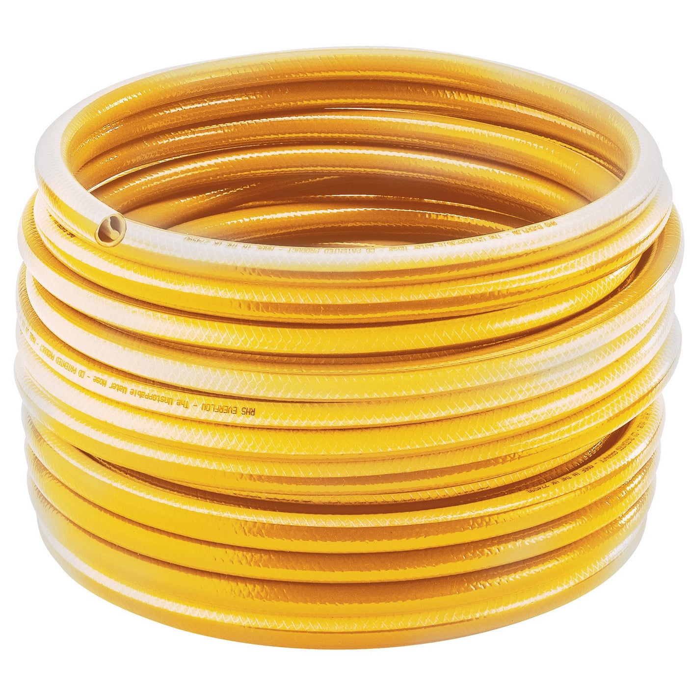 The Draper Everflow Watering Hose, 25M, Yellow (GHEY) is depicted coiled. It features a rugged, textured surface designed for consistent water flow.