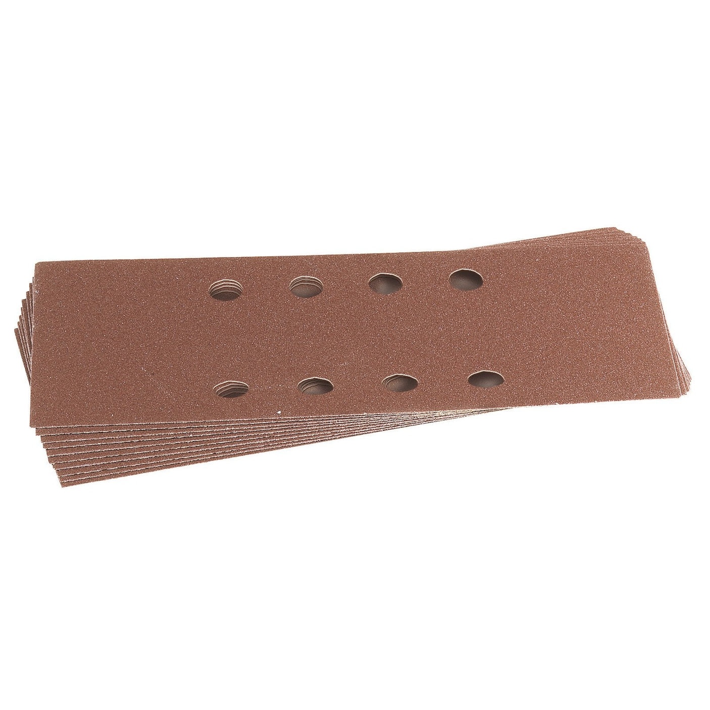 A pack of ten brown rectangular Draper 232 x 92mm 60 grit aluminium oxide sanding sheets with six circular perforations in each sheet, designed for the Draper 63128 random orbit sander. This assorted pack offers various grit grades to tackle different sanding tasks efficiently.