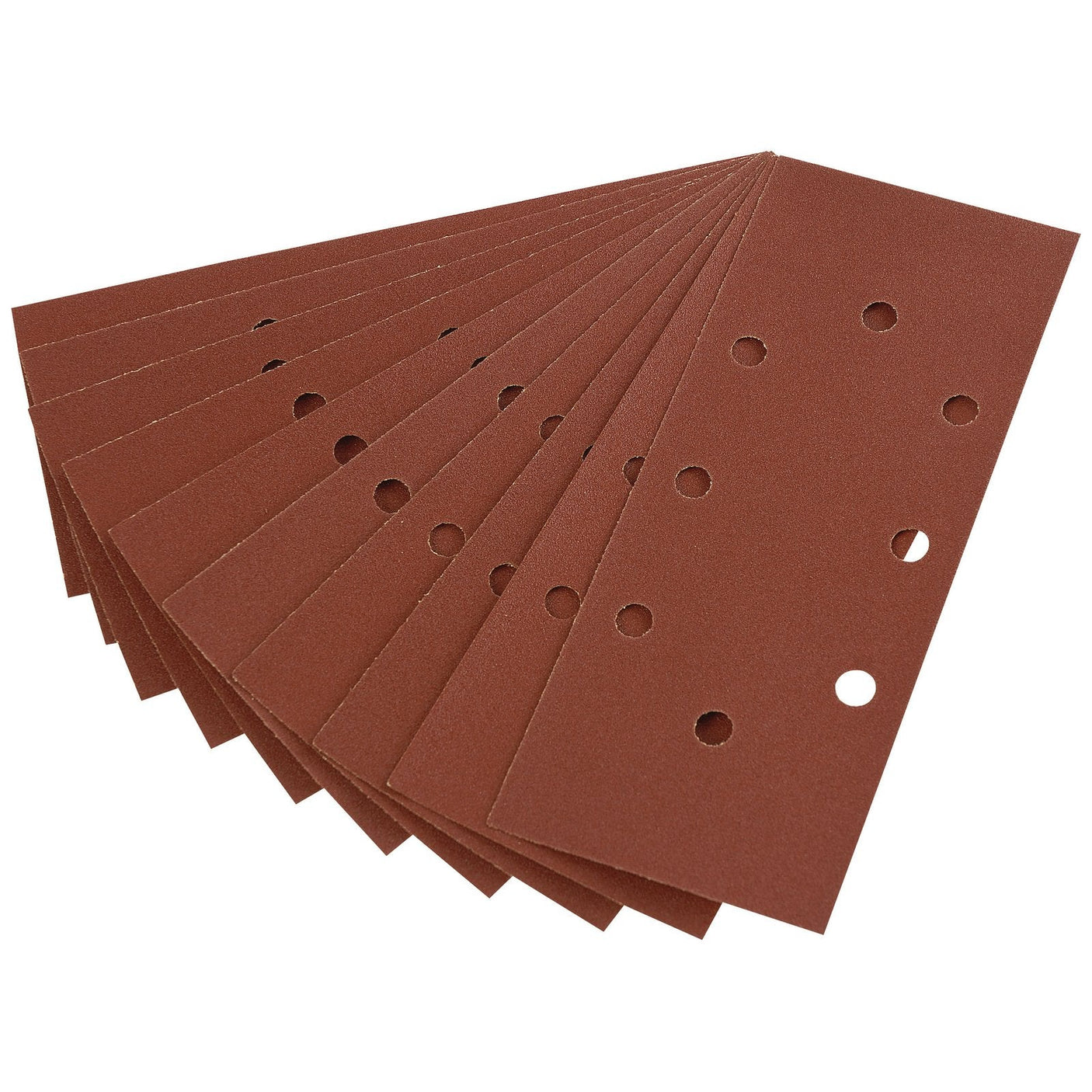 A pack of ten rectangular Draper 232 x 92mm brown sandpaper sheets made of 120 grit aluminum oxide, featuring evenly spaced holes along the center and designed for compatibility with 1/3 sheet sanders like the Draper 63128 Random Orbit Sander.