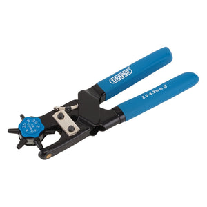 The Draper Revolving Punch Plier, with a blue handle and revolving carbon steel head, features a pressed steel frame and is designed for setting rivets of various sizes ranging from 2.0 to 4.5mm.