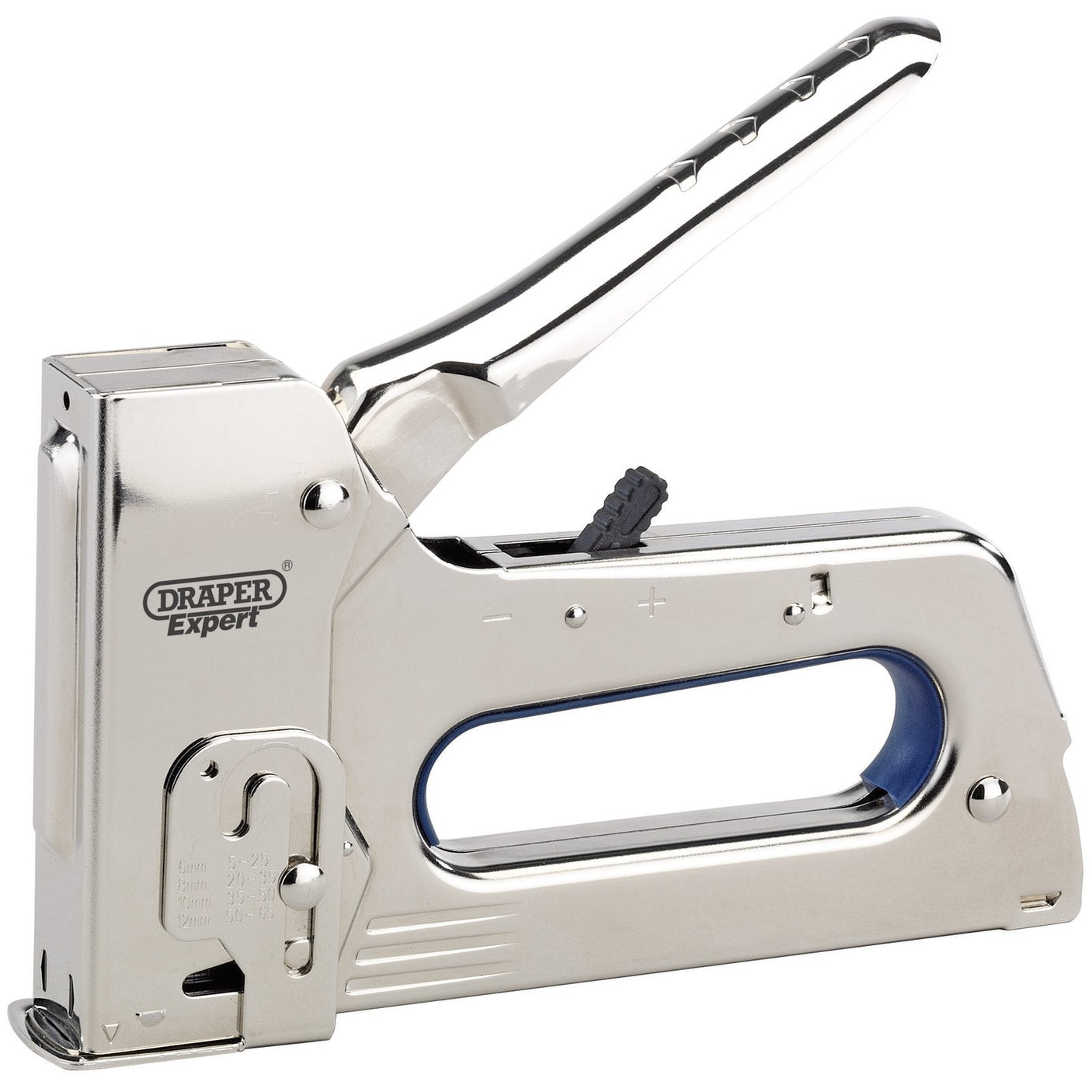 A Draper Heavy Duty Staple Gun/Tacker Set - ST1/B, by Draper, with heavy-duty steel construction, featuring a lever handle and a window on the side.