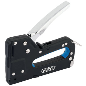 A Draper Tacker/Nailer - ST5/B featuring a black and blue design with a silver ergonomic handle, made for fastening materials together.