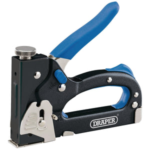 The Draper General Duty Staple Gun/Tacker - ST2/B, featuring a black and blue handle, metal body, and adjustable knob, is perfect for flat crown staples and other fastening tasks.