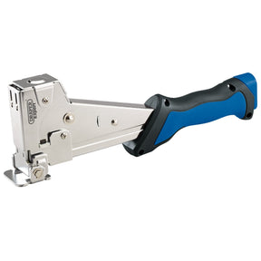 Image of the Draper Expert Roofing Hammer Tacker - RHAMT, a heavy-duty handheld staple gun featuring a metal body and a black and blue ergonomic handle, perfect for securing insulation or breather membranes.