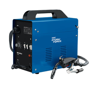 The Draper Storm Force® Gasless MIG Welder, 100A - MIG100, features a handle, control knobs, and an attached welding torch with a clamp. Designed for industrial welding tasks, it utilizes flux-cored wire and offers adjustable power settings for optimal performance.