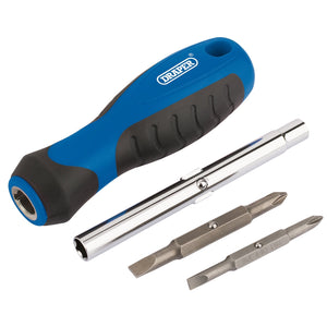 The Draper 6-In-1 Multi-Tip Screwdriver Set - DISPMTSD/12 by Draper features a blue and black handle made from high-impact resistant plastic, interchangeable bits, two metal extension rods, and is complete with a reversible insert bit holder for added convenience.