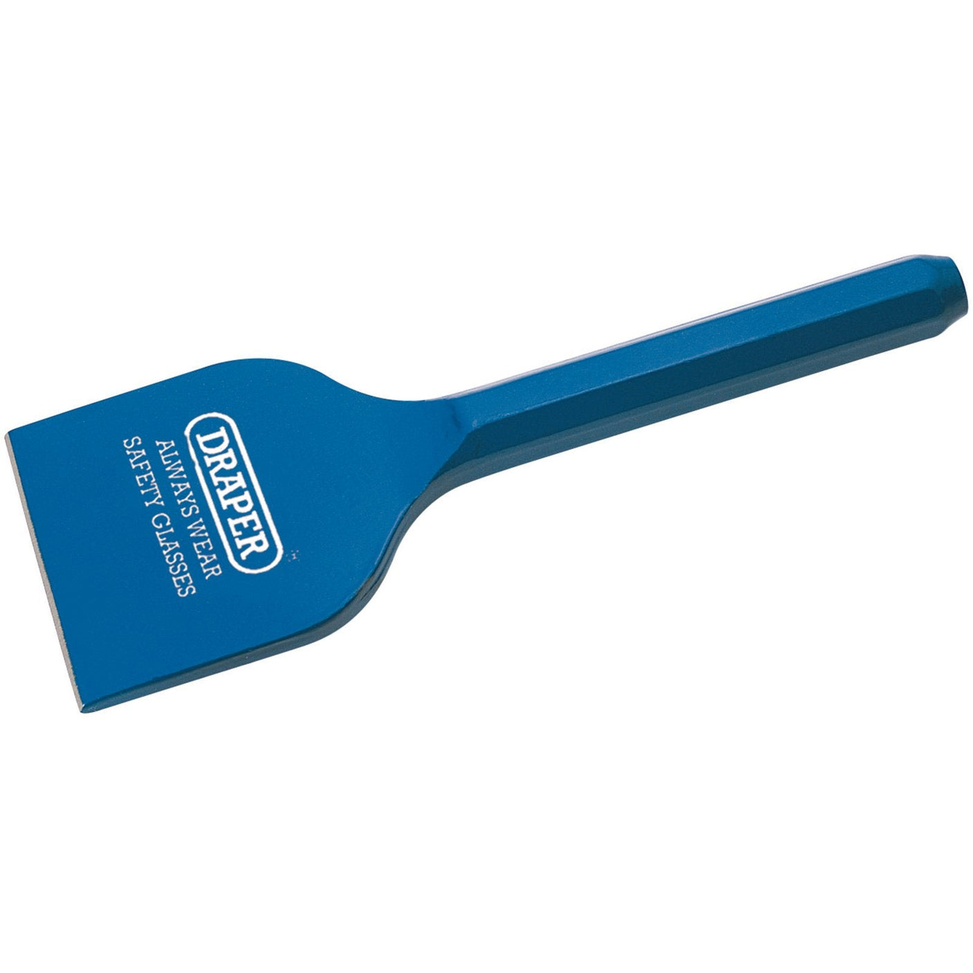 The Draper Brick Bolster, 225 X 75mm (Sold Loose) - BD6/A(B) is a blue tool designed with a flat, wide blade and a rectangular handle, ideal for working with bricks and composite blocks. It bears the label "Draper Always Wear Safety Glasses.