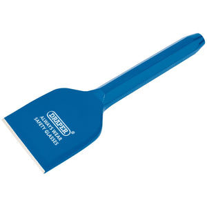 A Draper Brick Bolster, 225 x 75mm (BD6/A) featuring a blue handle with the text "DRAPER ALWAYS WEAR SAFETY GLASSES" printed on it, and a flat, rectangular blade, ideal for working on composite blocks.