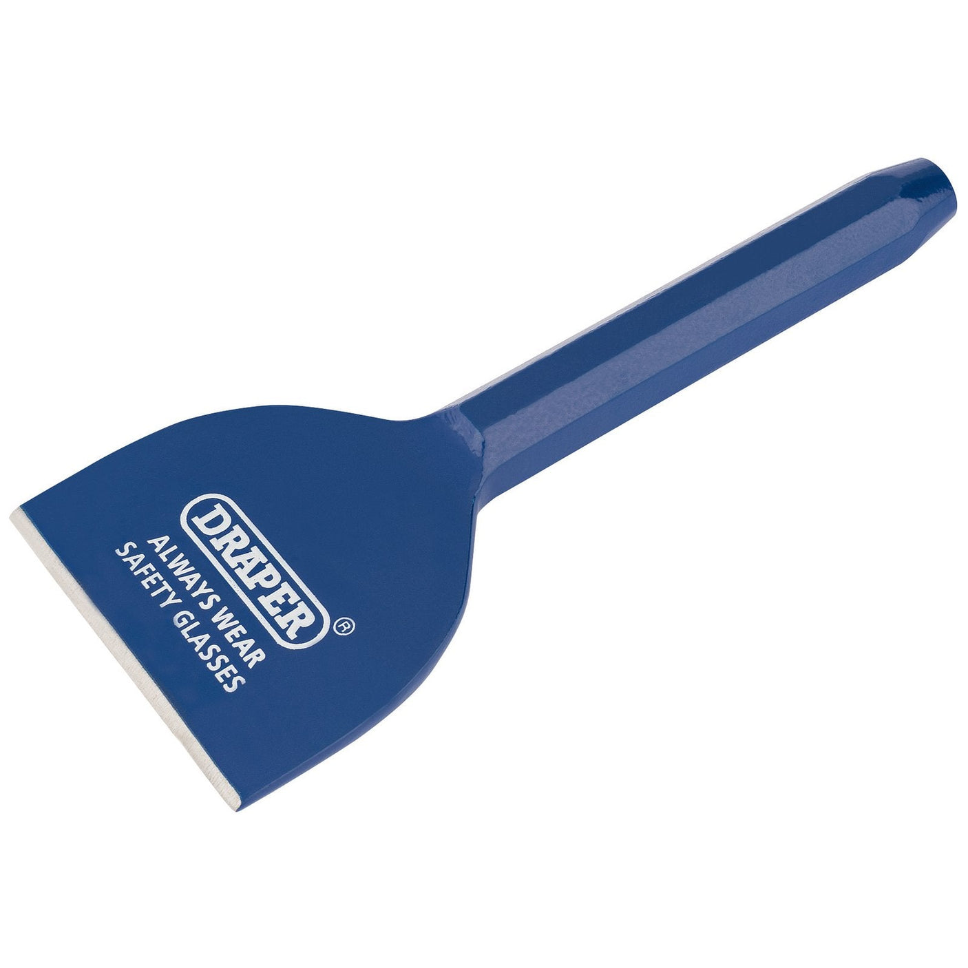 Image of a Draper Brick Bolster, 225 X 100mm (Sold Loose) - BD6/A(B), featuring a blue blade with the brand name "Draper" and a safety reminder printed on it. The design includes an octagonal shank for enhanced grip during use.