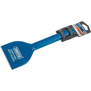 A blue, metal tool labeled "Draper Brick Bolster, 225 X 100mm - BD6/A" from the brand Draper, features a flat, wide blade ideal for cutting bricks and includes the text "ALWAYS WEAR SAFETY GLASSES." It comes with a plastic clip for hanging.