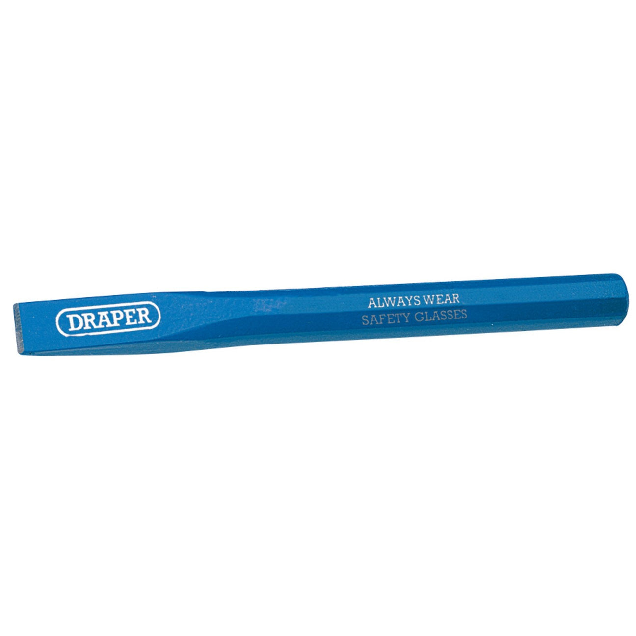 The Draper Octagonal Shank Cold Chisel, 10 X 100mm (Sold Loose) - BD5/A(B), features an octagonal shank and a polished cutting edge engraved with the text "ALWAYS WEAR SAFETY GLASSES.