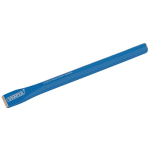 The Draper Octagonal Shank Cold Chisel, 13 X 150mm - BD5/A, is a blue chisel crafted from selected steel. It boasts a polished cutting edge and prominently displays the brand name "Draper." Additionally, it comes with a safety warning: "ALWAYS WEAR SAFETY GLASSES.