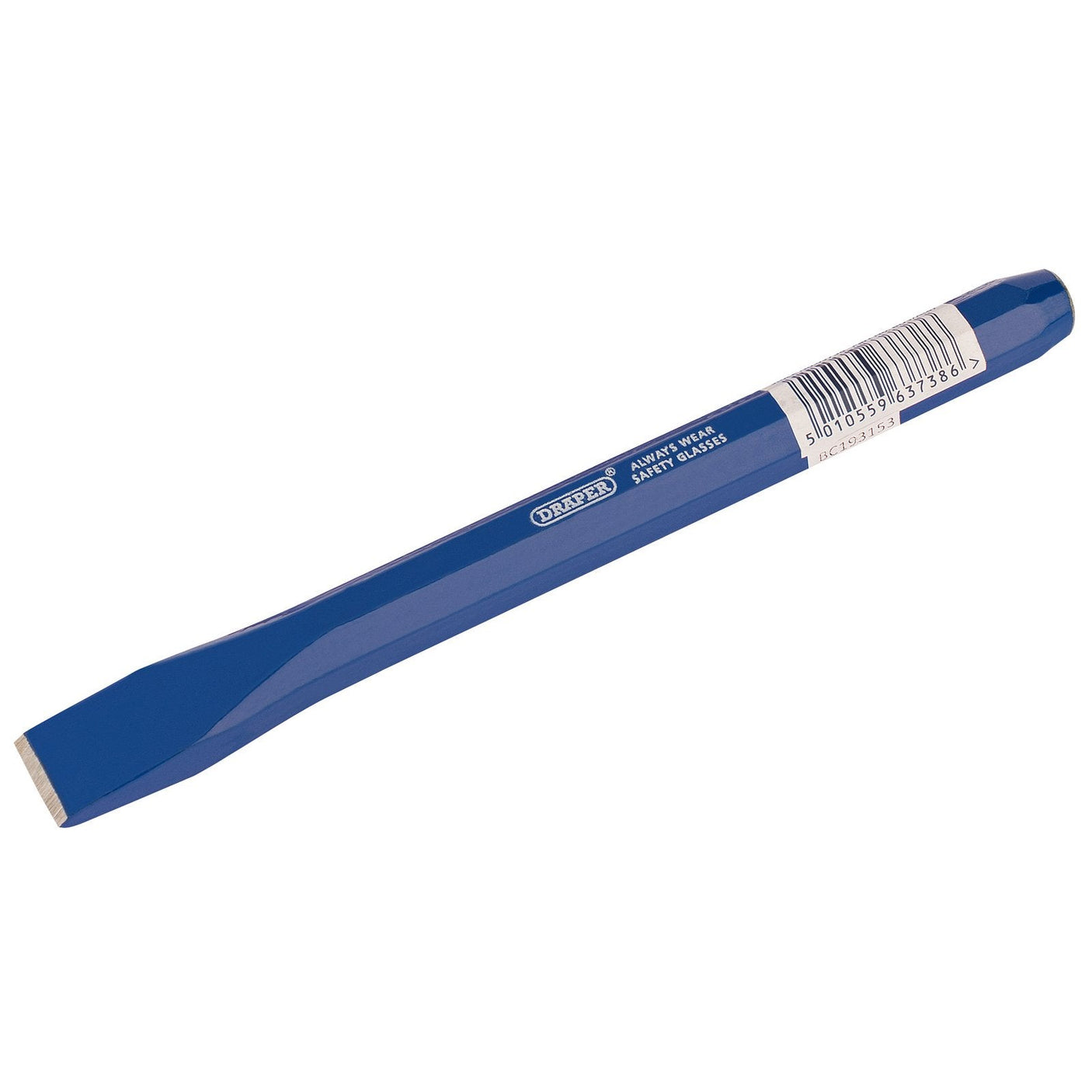 The Draper Octagonal Shank Cold Chisel, 19 X 200mm (Sold Loose) - BD5/A(B), in blue, features a polished cutting edge and an octagonal shank. It is crafted from selected steel and comes with a barcode and product label on the handle.