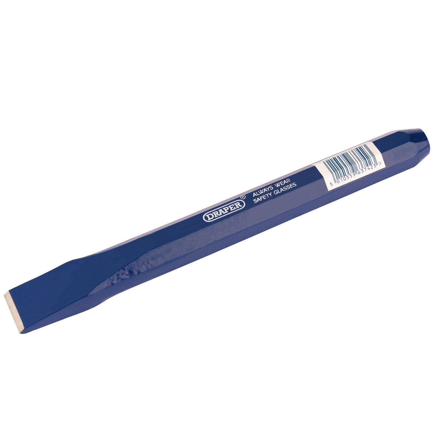 The Draper Octagonal Shank Cold Chisel, 25 X 250mm (BD5/A(B)), comes in blue and features an octagonal shank with a flat end. It has a polished cutting edge and is made from selected steel, with a barcode on one side.