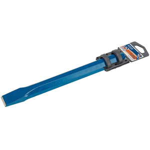 The Draper Octagonal Shank Cold Chisel, 25 X 250mm - BD5/A, is a blue metal concrete chisel with an octagonal shank and a sturdy plastic handle. It features a polished cutting edge and is shown packaged and ready for sale. This chisel adheres to BS3066 standards.