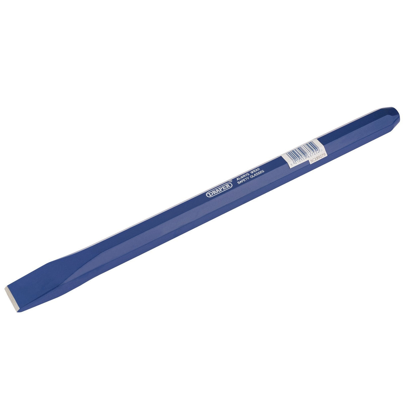 A Draper Octagonal Shank Cold Chisel, colored blue and measuring 25 x 380mm, featuring a polished cutting edge and an octagonal shank handle, is labeled with a barcode sticker near the top.