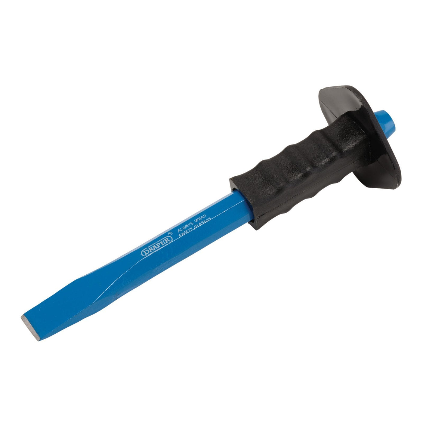 A Draper Octagonal Shank Cold Chisel with Hand Guard, 25 x 300mm (BD5G/A), featuring a blue and black color scheme, a flat, polished cutting edge, and an impact-absorbing rubberized protective grip.