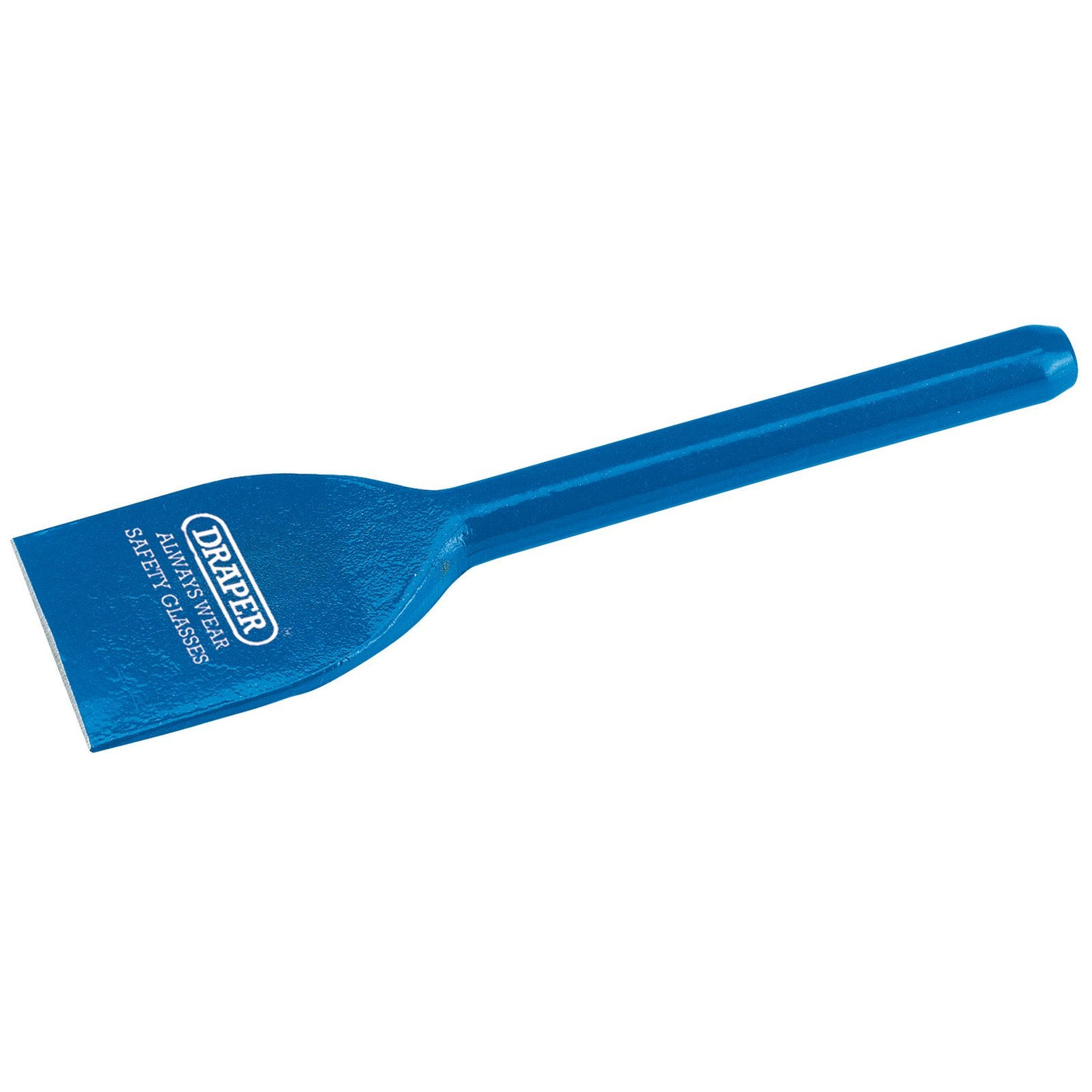 A blue Draper Electrician's Bolster, measuring 225 x 60mm, featuring a flat-blade design with an octagonal shank, a handle, and beveled cutting edges. The blade is printed with the brand name "Draper" and the code "BD8/A.