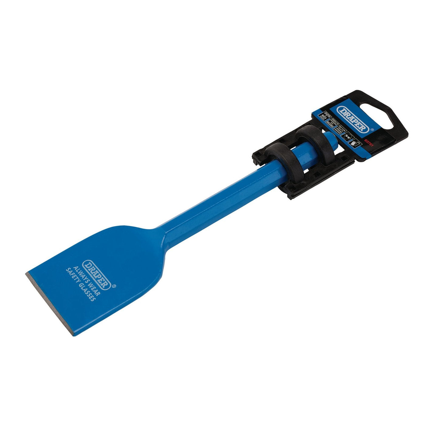 The Draper Electrician's Bolster, 225 x 60mm - BD8/A, features a blue steel scraper with a flat, wide blade with ground cutting edges and a black rubber handle grip from the renowned Draper brand.