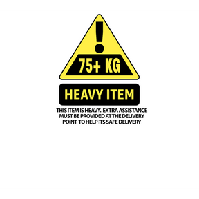 Yellow and black warning sign with text: "75+ KG HEAVY ITEM" and "This item is heavy. Extra assistance, such as a high-speed lift, must be provided at the delivery point to ensure the safe delivery of the Transmission Jack 0.5tonne Vertical Telescopic - 500TTJ by Sealey."
