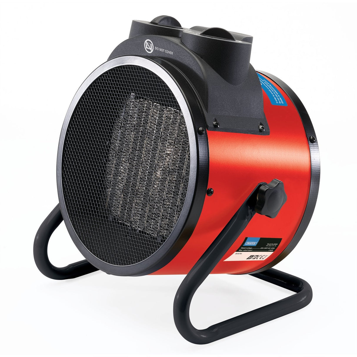 Introducing the Draper 230V Ptc Electric Space Heater, 2.8Kw, 9550 Btu - ESH2800PTC by Draper: a cylindrical red and black electric space heater featuring a robust metal grill front, a sleek black stand, and enhanced dual overheat safety protection.