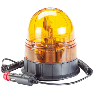 The Draper 12/24V Magnetic Base Rotating Beacon - RWB2 by Draper is an orange magnetic rotating beacon light, equipped with a heavy-duty magnetic base, coiled cord, and a plug for a car cigarette lighter socket. It features a bright halogen bulb for enhanced visibility.