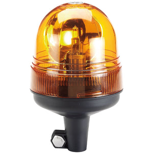 The Draper 12/24V Spigot Base Rotating Beacon - RWB3 is an amber-colored warning or emergency signaling light with a black base and a halogen bulb, designed for use on 12/24V vehicles.