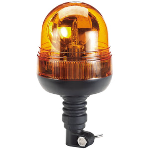 A close-up view of the Draper 12/24V Flexible Spigot Base Rotating Beacon - RWB4 reveals its orange light with a black mounting base and a clearly visible halogen bulb inside.