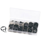 A Draper E-Clip Assortment (300 Piece) - E-CLIP/300 storage case with multiple compartments containing various sizes of metric snap rings and E-Clips. One snap ring is placed outside the box.