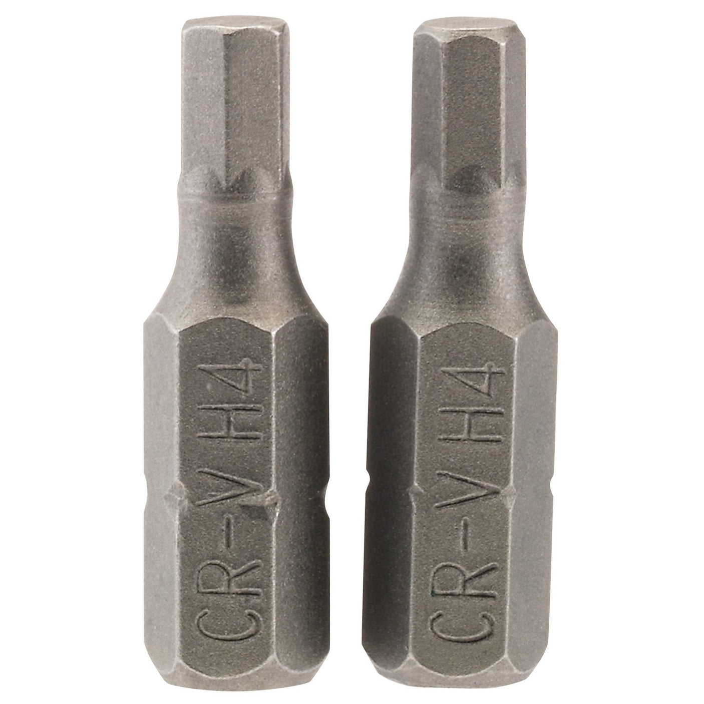 Two identical Draper hexagonal insert bits, labeled "CR-V H4," measure 4mm with a 1/4" hex and are 25mm long. Crafted from chrome vanadium steel with a shot blast finish, these bits are designed for use with screwdrivers or drills. Pack of two - product code: 25HX/2/B.