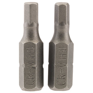 Two identical Draper hexagonal insert bits, labeled "CR-V H4," measure 4mm with a 1/4" hex and are 25mm long. Crafted from chrome vanadium steel with a shot blast finish, these bits are designed for use with screwdrivers or drills. Pack of two - product code: 25HX/2/B.