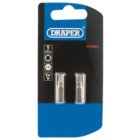 The packaging of the Draper Hexagonal Insert Bit, 5mm, 1/4" Hex, 25mm Long (Pack Of 2) - 25HX/2/B, displayed in a black and blue blister pack, showcases their shot blast finish. Crafted from durable chrome vanadium steel, these bits are hardened and tempered for enhanced performance.