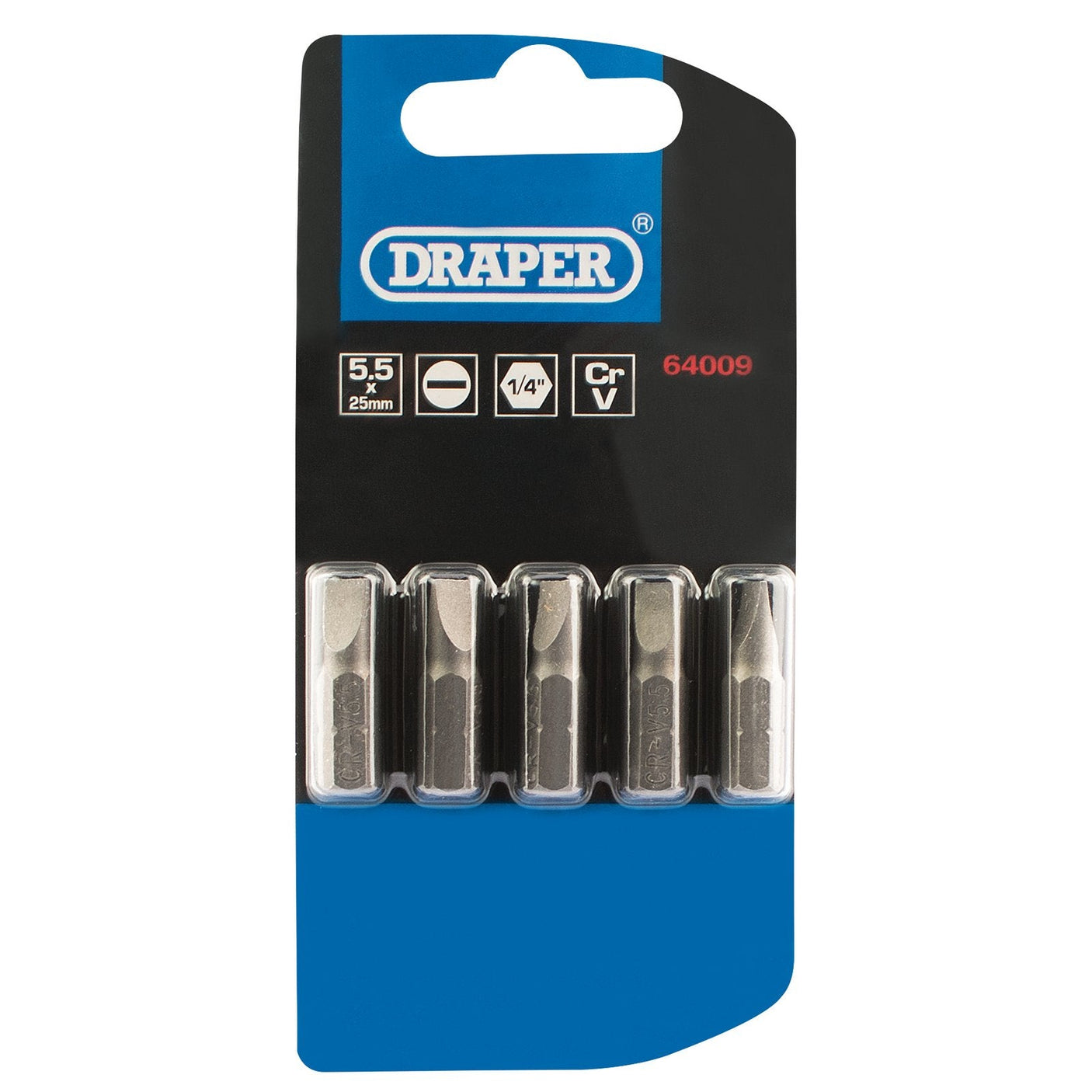 Draper Plain Slot Insert Bit, 5.5mm, 1/4" Hex, 25mm Long (Pack Of 5) - 25PS/5/B - Farming Parts