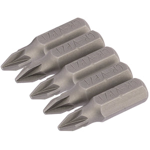 Five Draper Pz Type Insert Bits, No.1 X 25mm, 1/4" Hex (Pack of 5) - each made from chrome vanadium steel and engraved with "CR-V PZ1" - are arranged in a row.