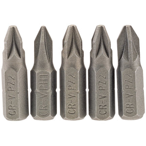 The Draper PZ Type Insert Bit set (25PZ/5/B), comprising five 25mm long bits with a 1/4" hex, features durable chrome vanadium steel construction. The differently shaped grey heads are clearly labeled CR-V PH1, CR-V PH2, and CR-V PZ2 for convenient vertical arrangement and selection.