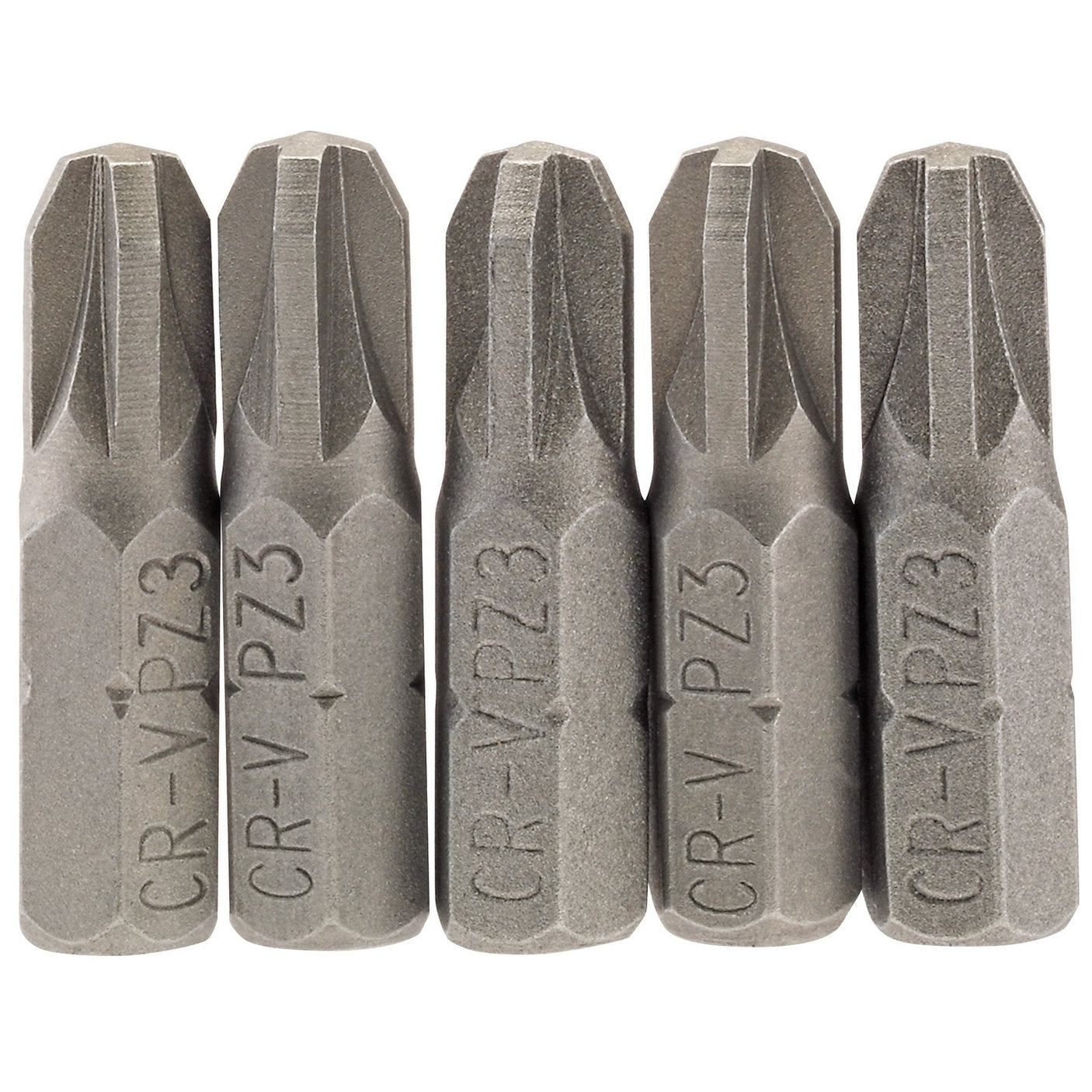 Five Draper Pz Type Insert Bits, 1/4" hex, 25mm long, No.3 (Pack of 5) - 25PZ/5/B – crafted from chrome vanadium steel and colored gray – are arranged in a row, displaying their labeled specifications.