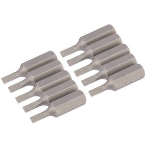 The image displays two sets of Draper Plain Slot Insert Bits, each set arranged in two columns of five. These 3mm bits, made from chrome vanadium steel, feature a metallic color with a shot blasted finish for enhanced durability. The bits have a rectangular base transitioning to a flat tip and are 25mm long with a 1/4" hex shank (Pack Of 10) - Model 25PS/10/B.