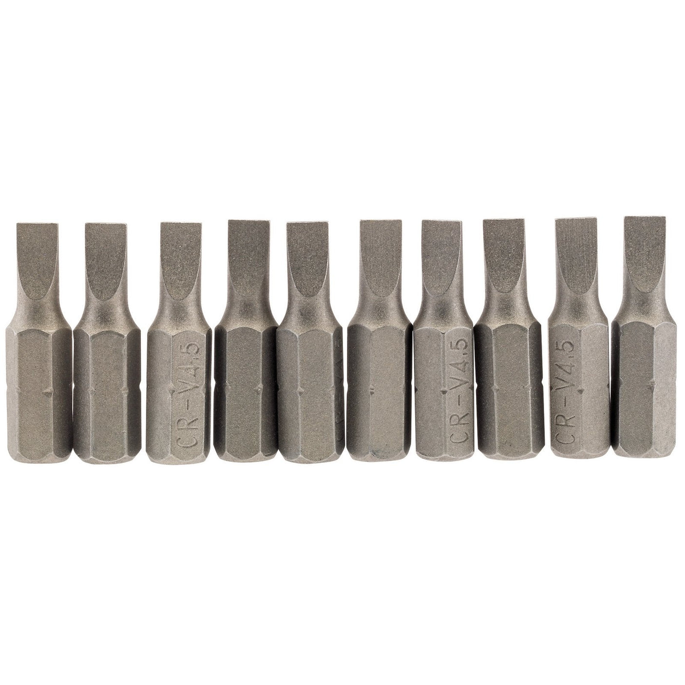 A pack of ten Draper plain slot insert bits, each measuring 4.5mm with a 1/4" hexagonal base and a length of 25mm. These bits are crafted from durable chrome vanadium steel and marked with "CR-V2.5". They feature a shot blasted finish for added durability and an appealing texture, all arranged in a single row. Product code: 25PS/10/B.