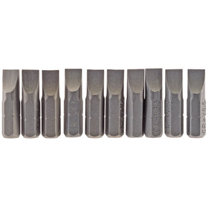 The Draper Plain Slot Insert Bit set includes ten 6.5mm, 1/4" hex flat-head screwdriver bits, each 25mm long, crafted from durable chrome vanadium steel with a shot blasted finish for added durability. All the bits are arranged in a straight line and labeled "C.R-V6.5.