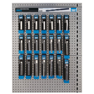 A display of assorted Draper HSS drill bits (158 pieces) on a perforated metal board, each in blue and black packaging labeled "Draper Assorted Hss Drill Bit Merchandiser - *DBD/HSS.